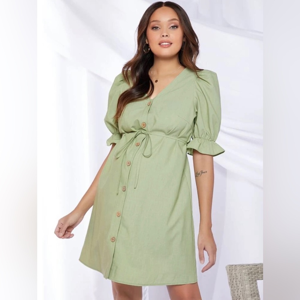 SHEIN Maternity Ruffle Cuff Button Front Self Belted Dress